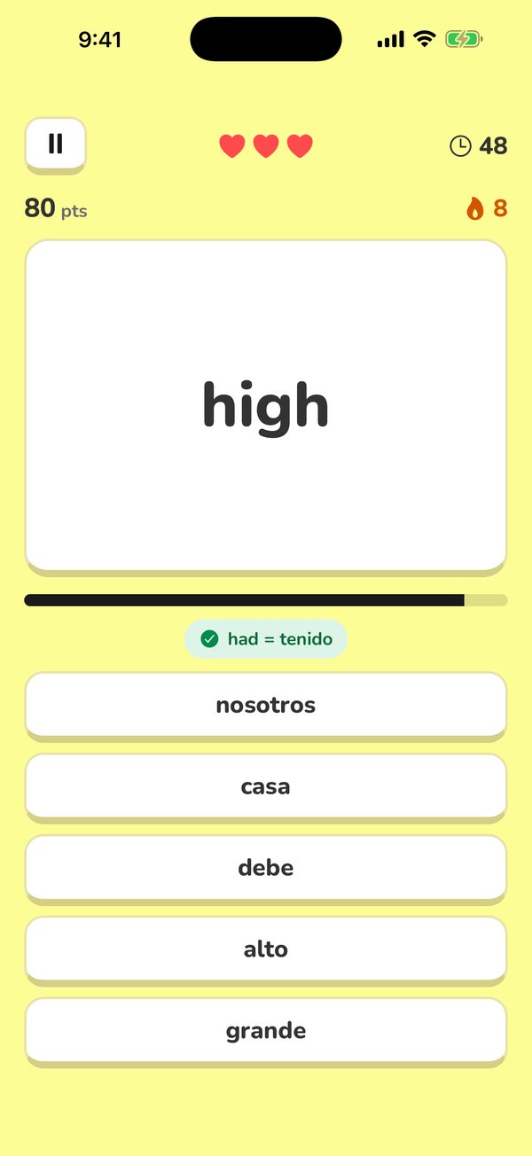 A round in play: pick the Spanish for “high” out of five answers