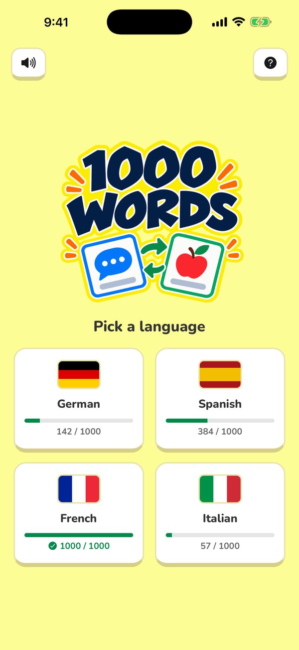 The language menu, showing how many of the 1,000 words you’ve learned in each language