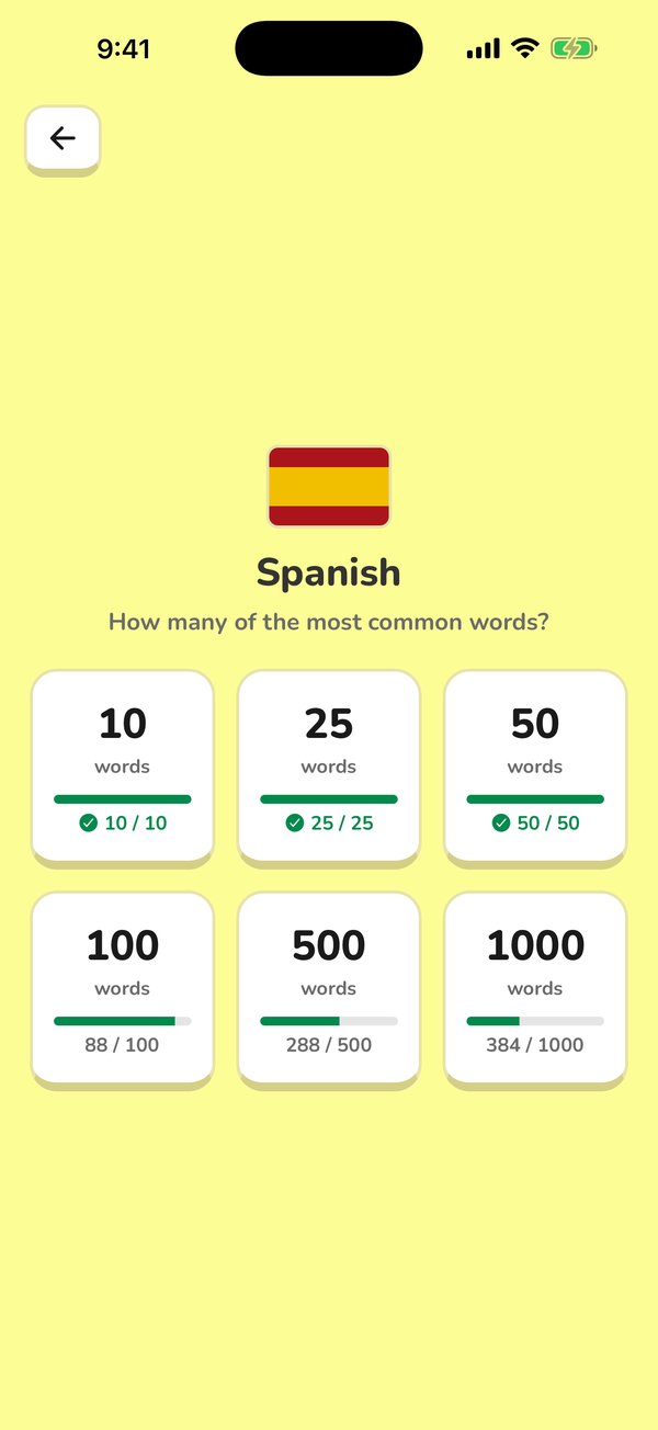 Spanish word counts from 10 to 1,000, each with its own progress
