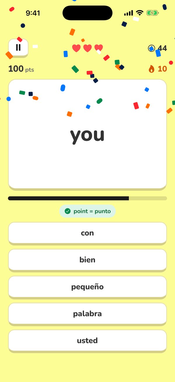 Confetti over the word “you” on a streak of 10 right answers