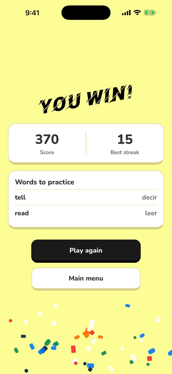 You win! A score of 370, a best streak of 15 and the words to practice