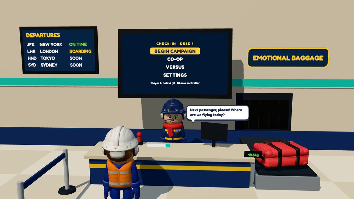 The check-in counter, with the game’s menu on the TV above the desk