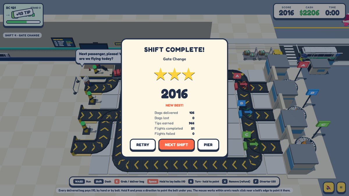 Shift complete: three stars and 2,016 points, with 105 bags delivered and none lost