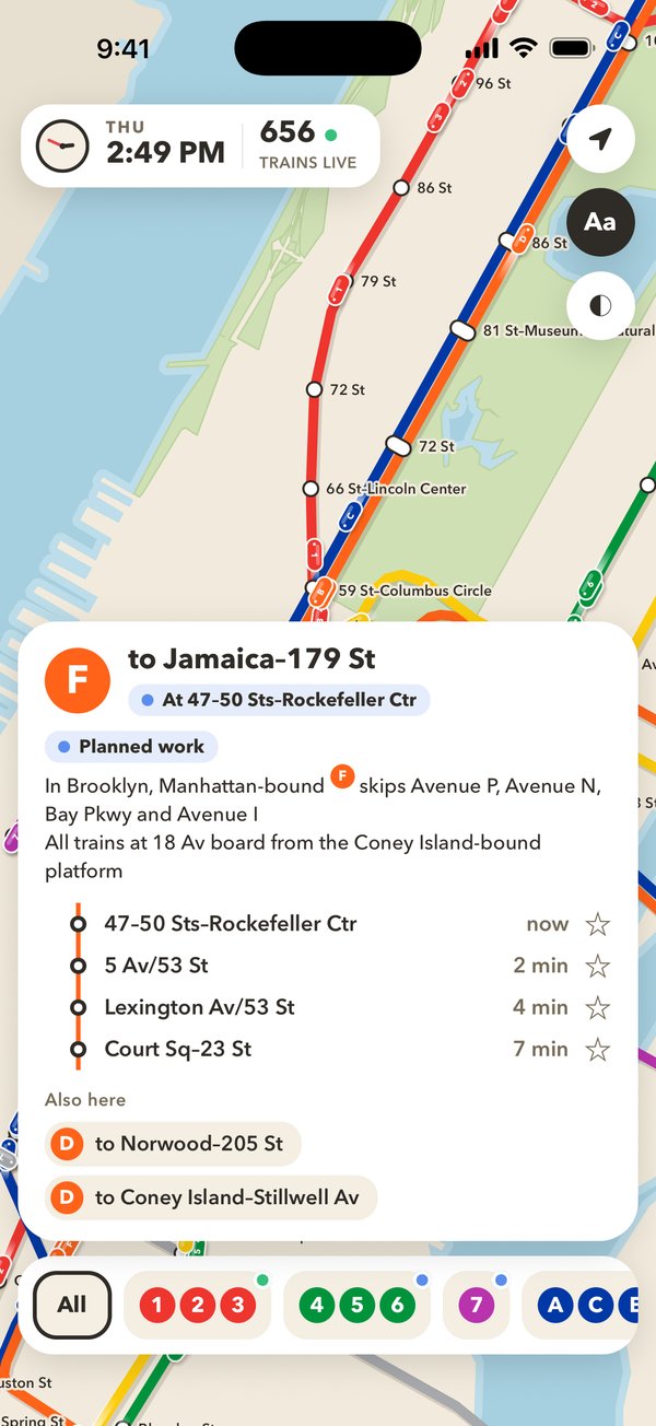 An F train’s next stops and arrival times, with a planned-work alert